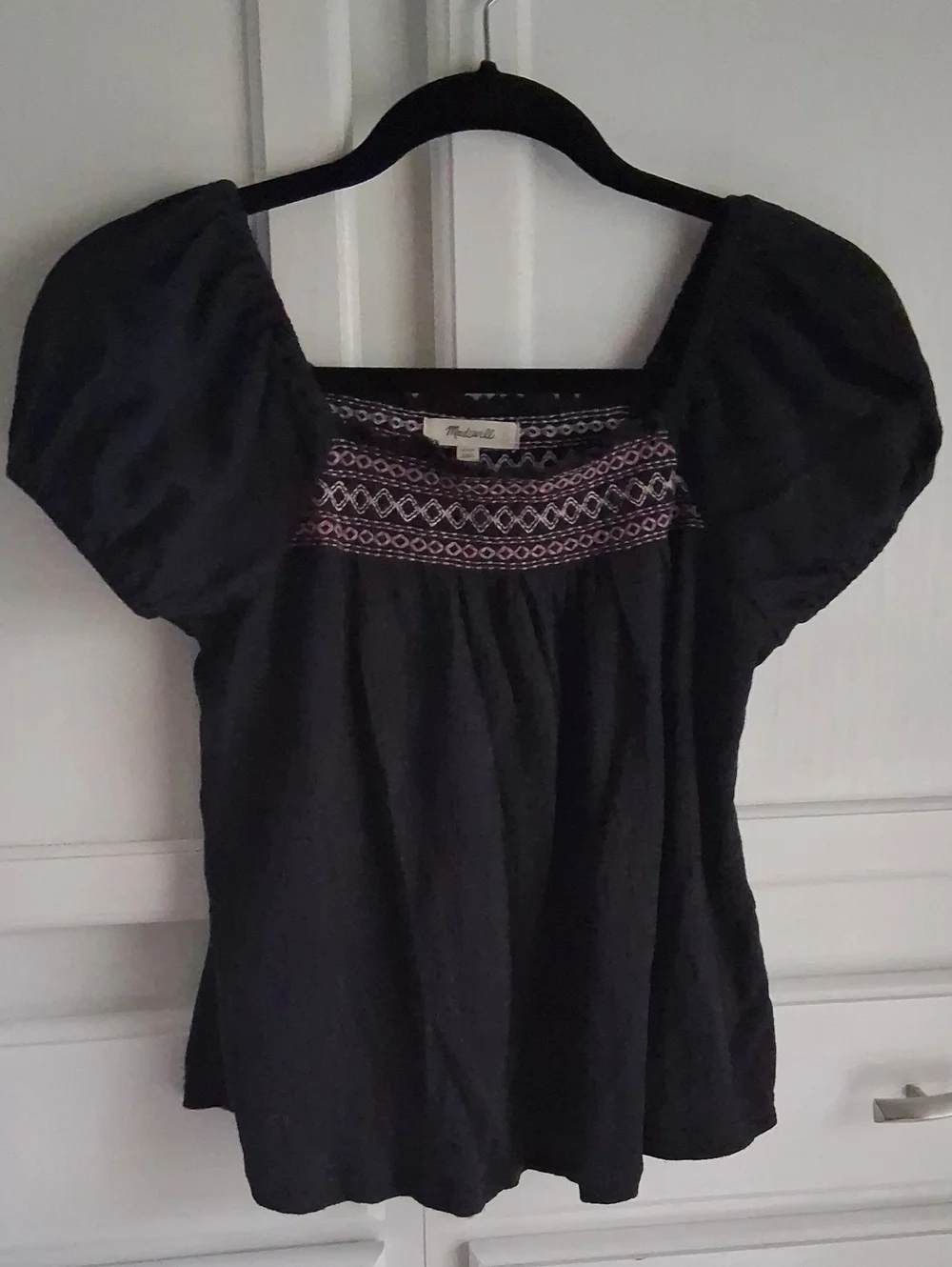 Madewell Black Embroidered Square-Neck Puff Sleeve Top